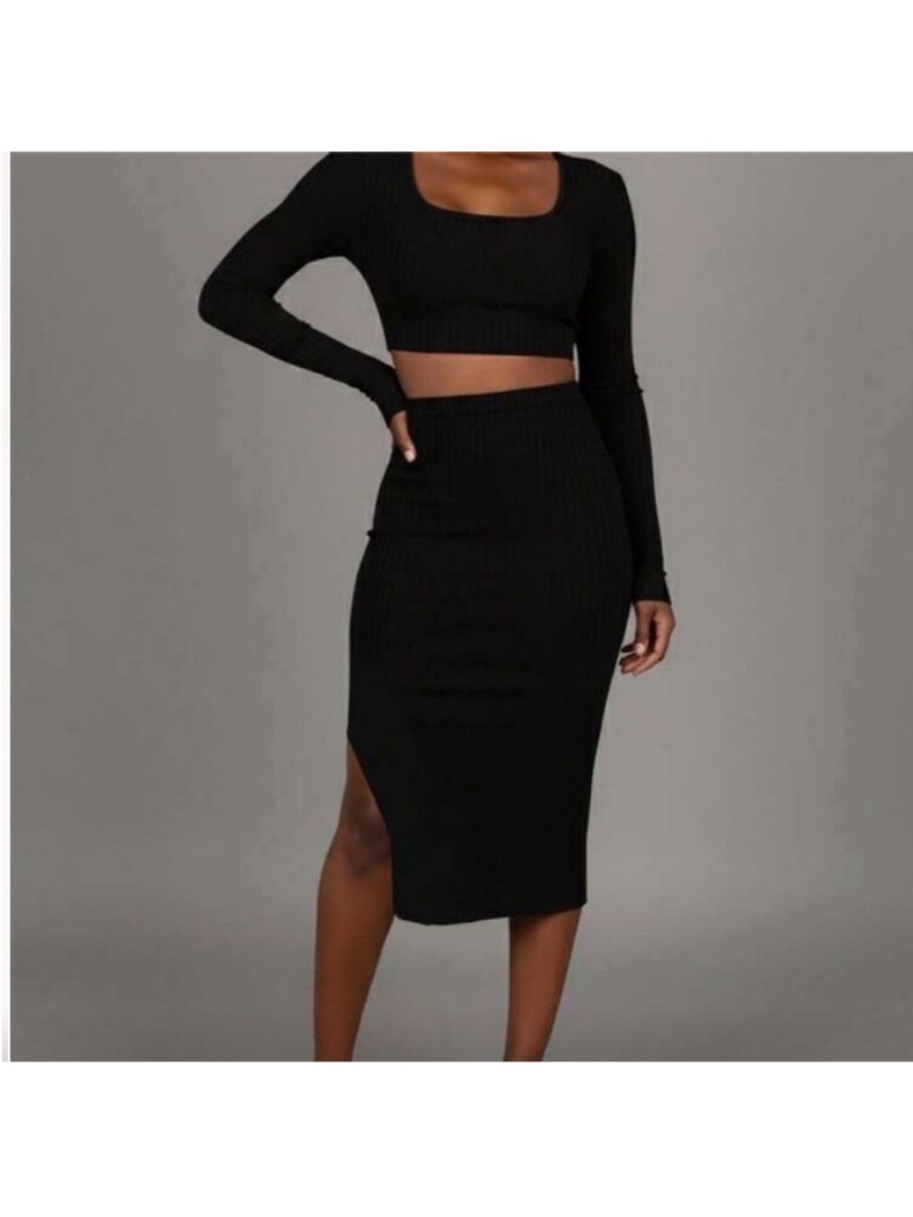 SHEIN Black Ribbed Two-Piece Set crop top and midi skirt